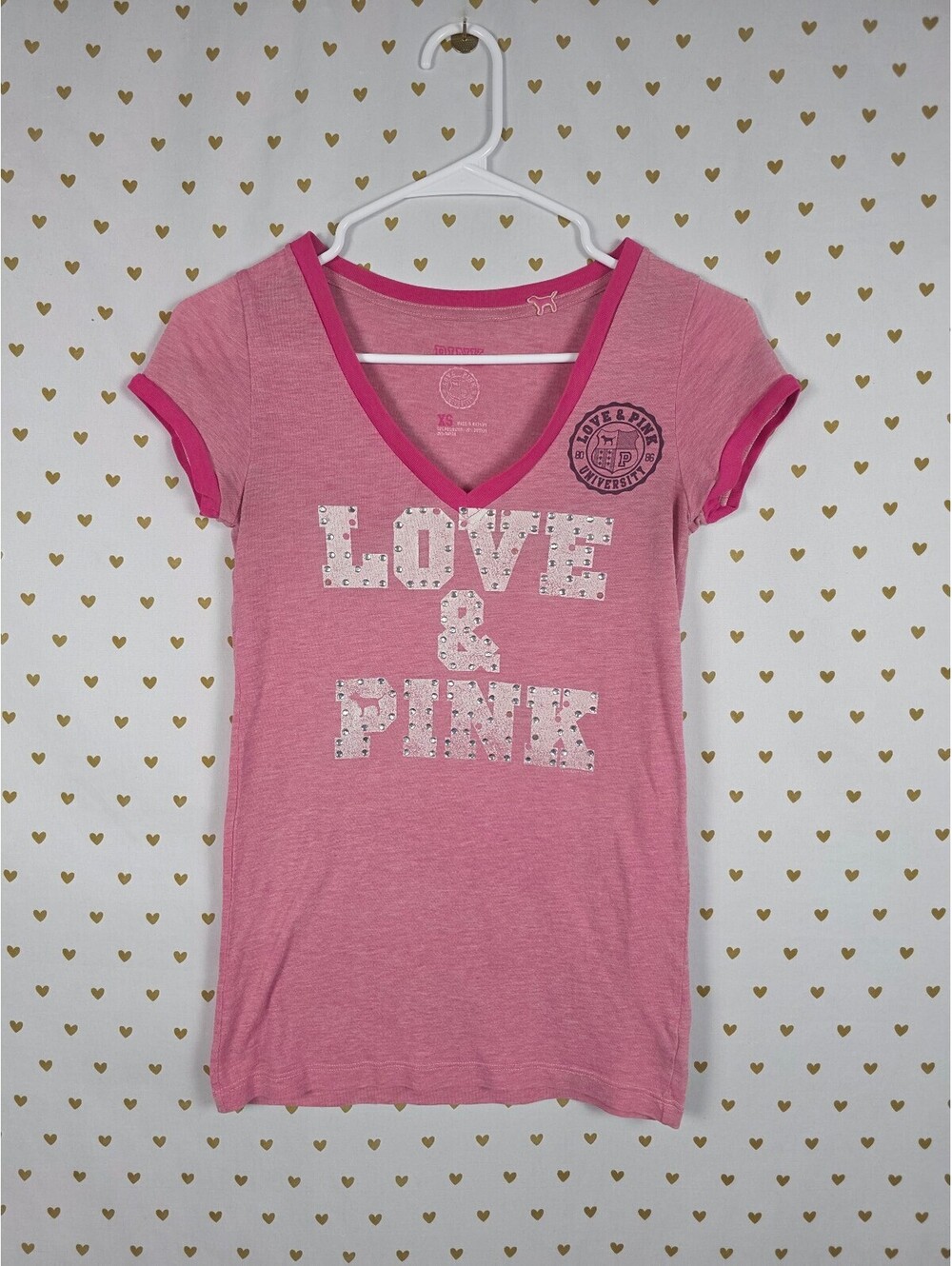 Victorias Secret PINK Vintage Bling Studded Y2k V neck Tee shirt XS